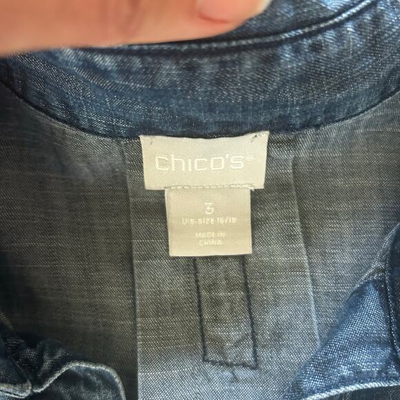 Chico's 3 Blue chambray style V-neck 3/4 sleeve long tunic shirt relaxed fit - Picture 2 of 7